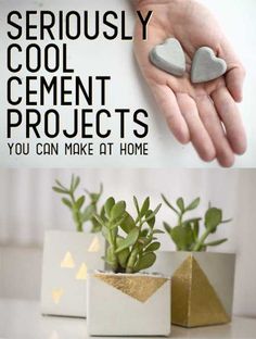 two small pots with plants in them and the words seriously cool cement projects you can make at home