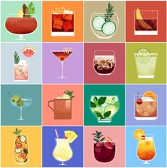 various types of cocktails are arranged in squares