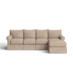 a beige couch with a chaise lounger on the bottom right side and a white background