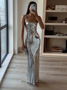 Silver maxi dress | Mabel Love Co Silver Maxi Dress, Backless Bodycon Dresses, Backless Prom Dresses, Square Neck Dress, Bodycon Maxi Dresses, Backless Maxi Dresses, Summer Party Dress, Evening Party Dress, Everyday Dresses