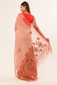 Explore our handcrafted sarees blending timeless elegance with exquisite hand-embroidery by skilled artisans. Crafted from premium cotton linen for comfort and style, perfect for adding sophistication to your wardrobe. Baluchari Saree, Saree Blouse Styles, Silver Blouse, Sequin Saree, Orange Saree, Net Blouses, Cotton Gowns, Indo Western Dress, Yellow Saree