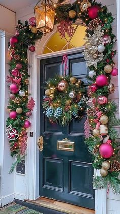 the front door is decorated for christmas with ornaments and wreaths hanging from it's sides