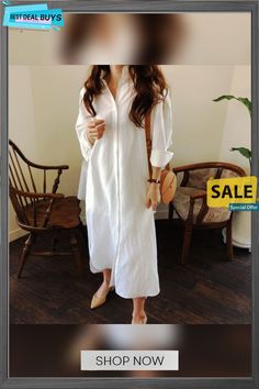 3/4 Sleeve Cotton-blend Solid Casual Dress White Half Sleeve Shirt Dress For Spring, White 3/4 Sleeve Shirt Dress For Summer, White Summer Shirt Dress With 3/4 Sleeves, White Long Sleeve Shift Midi Dress, White Shirt Dress With 3/4 Sleeves For Summer, Shift Midi Dress With Long Sleeves For Day Out, Knee-length Long Sleeve Summer Dress, Long Sleeve Summer Shirt Dress For Office, Long Sleeve Shirt Dress For Summer Office