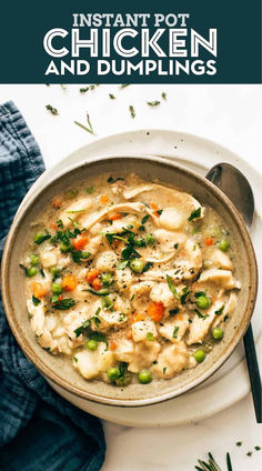 A large bowl of chicken and dumplings soup sitting on a plate with a spoon. Instant Pot Chicken And Dumplings, Chicken And Dumplings Recipe, Chicken Dumplings, Chicken Veggies, Dumplings For Soup, Dumplings Recipe, Instant Pot Recipes Chicken, Instant Pot Dinner Recipes, Instapot Recipes