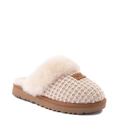 Womens UGG® Cozy Knit Slipper - Cream | Journeys Cozy Knit Uggs, Ugg Cozy Slipper, Ugg Fuzzy Slippers, Ugg Knit Slippers, Knit Ugg Slippers, Ugg Slippers White, Ugh Slipper, Beige Uggs, White Uggs