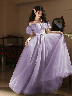 Purple Tulle Dress For Banquet, Purple Short Sleeve Wedding Dress, Purple Short Sleeve Evening Dress For Party, Purple Summer Bridesmaid Dress For Party, Summer Purple Bridesmaid Dress For Party, Summer Party Purple Bridesmaid Dress, Purple Tulle Evening Dress, Short Sleeve Gown With Ruffles For Party, Purple Short Sleeve Maxi Dress For Wedding