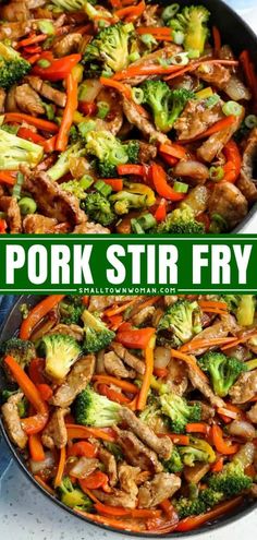 pork stir fry with broccoli and carrots in a skillet