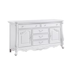 a white dresser with drawers and doors on it's sides, against a white background