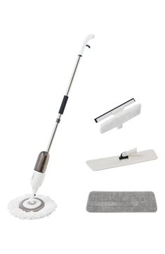 a white mop and cleaning supplies on a white background