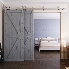 an open sliding door in a bedroom with a bed and storage area next to it