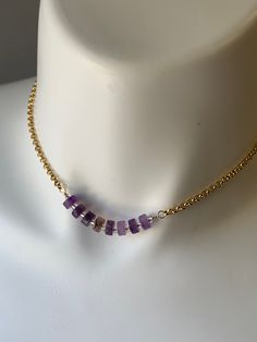 "Amethyst bar chain necklace/ Amethyst bar choker/ aesthetic necklace/ minimalist choker/ minimalist jewelry/ handmade jewelry Beautiful Amethyst rondelles are hand wired wrapped to a Rolo gold plated chain creating this one of a kind choker necklace.  This necklace is 14.5 \"  This necklace is also part of a triple set, could be also found in our Etsy shop.  A great chain to layer with other chains or necklaces.  This is a great Holiday gift.  Free shipping in the USA  What is Amethyst:  Amethy Trendy 16 Inch Jewelry Gift, Adjustable Minimalist Chain Necklace Choker, Amethyst Pendant Jewelry With Adjustable Chain, Dainty Round Adjustable Chain Necklace, Trendy 14k Gold-filled Jewelry With Adjustable Chain, Minimalist Adjustable Choker Necklace, Minimalist Gemstone Dangle Jewelry, Minimalist Charm Necklace With Adjustable Chain, Handmade Adjustable 14k Gold-filled Necklaces