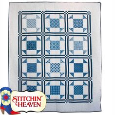 a blue and white quilted wall hanging with the words stitchin heaven on it