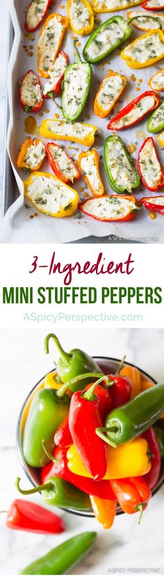 three different types of mini stuffed peppers in pans with the title overlay above them