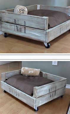 two pictures of a bed made out of wooden pallets with wheels on each side