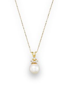 Bloomingdale's - Cultured Pearl and Diamond Pendant Necklace in 14K Yellow Gold, 18" - 100% Exclusive Exquisite Yellow Gold Necklace With Pearl Drop, Elegant Yellow Gold Teardrop Solitaire Necklace, Yellow Gold Necklace With Elegant Design For Formal Occasions, Yellow Gold Necklaces With Elegant Design For Formal Occasions, Fine Jewelry Pendant Necklace For Formal Occasions, Elegant Yellow Gold Necklace For Formal Occasions, Yellow Gold Solitaire Gemstone Necklace For Formal Occasions, Formal Fine Jewelry Necklace With Teardrop Pendant, Fine Jewelry Teardrop Pendant Necklace For Formal Occasions