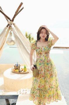 "Size chart is in the last picture. Matching earring: https://www.etsy.com/listing/1199271074/mr-water-new-york-retro-earrings-clip-on This dress can be wore with shoulder of off shoulder. Two styles. The floral pattern like oil painting with bright color. The button is exclusively designed for this dress. Folds design at the front chest. High waist. No pockets. Above ankle length. No Stretchy. Fabric: Outer shell: Cool and Soft Polyester. Fully Lined inside: 100% Cotton. CARE INSTRUCTION *Hand Dress Folds, French Style Dresses, Floral Dress Spring, New Frock, Summer Floral Dress, Vacation Outfits Women, New York Summer, Dress Square Neck, Bright Dress