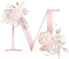 the letter m is decorated with pink flowers and silver leaves on it's side