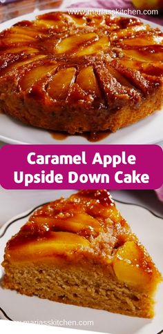 two slices of caramel apple upside down cake on plates with text overlay that says caramel apple upside down cake