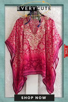 Ombr Embroidered Caftan Blouse Beach Tunic For Eid, Bohemian Kaftan With Chikankari Embroidery For Summer, Summer Kaftan With Intricate Embroidery, Red Tunic For Summer Festivities, Bohemian Kaftan With Resham Embroidery For Festivals, Spring Vacation Kaftan With Resham Embroidery, Spring Beach Kaftan With Printed Motifs, Festive Pink Kaftan For Beach, Festive V-neck Kurta For Vacation