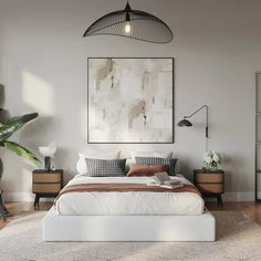 a bedroom with a bed, two nightstands and a painting on the wall