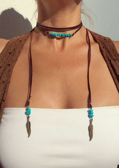 Adjustable Turquoise Necklace For Summer, Bohemian Lariat Choker, Handmade Turquoise Necklace For Summer Beach, Bohemian Handmade Choker For Beach, Bohemian Turquoise Necklace For Vacation, Bohemian Turquoise Necklace With Adjustable Cord, Bohemian Turquoise Necklace For Summer Beach, Bohemian Lariat Choker With Adjustable Length, Summer Bohemian Turquoise Necklace For The Beach