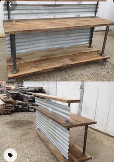 two shelves made out of metal and wood are shown side - by - side in different angles