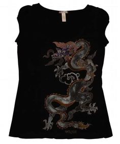 Hand-painted,classic  eastern dragon design tee-shirt *black, cap-sleeve, scoop neck knit top, jr. size m  *One of a kind, hand-painted, hand washable, wearable art. This classical eastern dragon is painted in shades of purple, rust, silver and gold, i love the way different colors of metal look together and i think the silver,gold and bronze metallic paints play off each other equally as well giving this dragon a very elegant look - i wear this type of top with a metallic  sequined jacket, blac Dragon Print Outfit, Black Crew Neck T-shirt With Dragon Print, Black Cotton Tops With Dragon Print, Black Cotton Top With Dragon Print, Casual Crew Neck T-shirt With Dragon Print, Cotton Short Sleeve Tops With Dragon Print, Casual Cotton Tops With Dragon Design, Casual Crew Neck Top With Dragon Design, Casual Cotton Top With Dragon Design