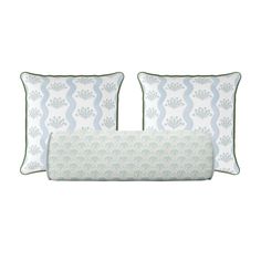 two pillows with blue and white designs on the front, one has a green border