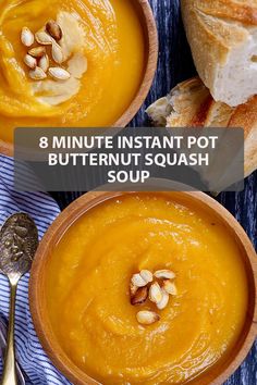 two bowls filled with butternut squash soup