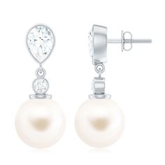 Real Freshwater Pearl and Moissanite Drop Earrings Freshwater Pearl - ( AAA ) - Quality - Rosec Jewels Freshwater Pearl Drop Earrings, Freshwater Pearls Earrings, Bead Set, Signature Jewelry, Timeless Jewelry, Beauty Product, Pearl Drop Earrings, Pear Cut, Pearl Drop