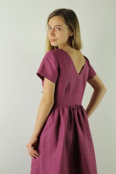 "Write the selected color in the message Handmade fuchsia linen dress with short sleeves and 2 pockets , perfect for casual wear and suitable for any occasion in any season Details: - 100% natural linen produced in Europe ; - medium weight (180 gram per square meter); - color:fuchsia, could be any from our colors catalog (color samples at the photo); Made to order, approximately a few days, If you have any questions please message me and I will be glad to answer. Size guide : Size XS Bust: fits Chic Short Sleeve Linen Dress, Elegant Short Sleeve Linen Dress With Relaxed Fit, Elegant Relaxed Fit Short Sleeve Linen Dress, Chic Short Sleeve Linen Mini Dress, Chic Linen Mini Dress With Short Sleeves, Spring Linen Sundress With Short Sleeves, Linen Short Sleeve Mini Dress, V-neck Linen Dress With Pockets, Relaxed Fit Short Sleeve Mini Dress