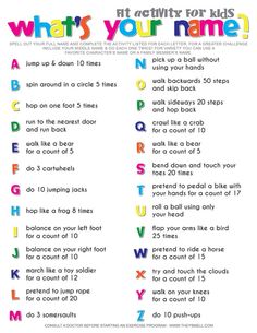 what's your name? kids'fitness activity poster with the words, which are in