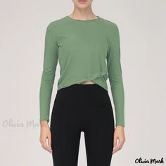 Olivia Mark - Performance Activewear: Quick-Drying Long Sleeve Exercise Top with Rolled Edge - Ideal for Sports, Fitness, Running, and Yoga Green Sportswear Tops For Yoga, Green Moisture-wicking Crew Neck Activewear, Sporty Crew Neck Activewear For Yoga, High Stretch Green Tops For Workout, Green Crew Neck Activewear For Sports, Green Athletic Fit Top For Yoga, Green Athleisure Workout Top, Green Athletic Fit Top For Workout, Green Athletic Fit Workout Top