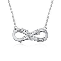 Infinity Flower Necklace with 2 Names engrave DETAILS Material: Stainless Steel Weight: 4.6 g Pendant Measure: 13mm x 30mm Chain Length 40 + 2.5 +2.5 cm Everlasting gift for her, Birthdays, Anniversary, Mother's Day, Wedding Day, Best friends You name it. HOW TO ORDER Place your personalized name above. Name 1  Name 2  Example 1- Mike  2- Meagan Please reach out to me if you have any questions. Couple Gifts For Her, Infinity Pendant, Infinity Love, Engraved Pendant, Fancy Gifts, Jewelry Kits, Infinity Necklace, Day Wedding, Engraved Necklace