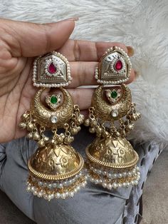 Silver & Gold Jhumka with quartz stone and pearl strings Chandbali Jhumkas With Intricate Design For Navratri, Intricate Chandbali Jhumkas For Navratri, Navratri Chandbali Jhumkas With Intricate Design, Temple Jewelry Jhumkas With Latkans For Diwali, Diwali Temple Jewelry Jhumkas With Latkans, Temple Jewelry Jhumkas With Latkans For Festivals, Temple Jewelry Style Jhumkas With Latkans For Festivals, Temple Jewelry Style Round Jhumkas With Latkans, Round Temple Jewelry Jhumkas With Latkans