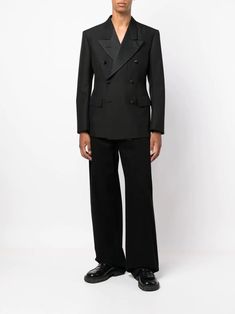 Maison Margiela double-breasted Blazer - Farfetch Double Breasted Blazer Men, Class Outfits, Black And White Suit, Corporate Fashion, Red Carpet Outfits, Decorative Stitching, Tuxedo For Men, Long Blazer, Traditional Fashion