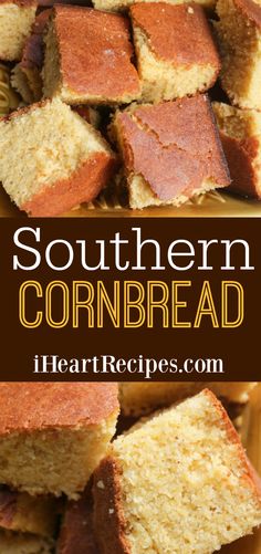 cornbread bread cut into squares and stacked on top of each other with text overlay