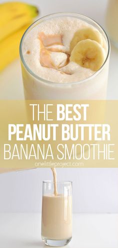 the best peanut butter banana smoothie in a glass next to some bananas and milk