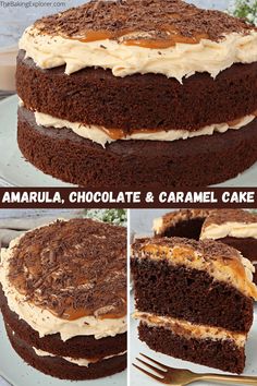 there is a cake with chocolate and caramel icing on it, then topped with whipped cream