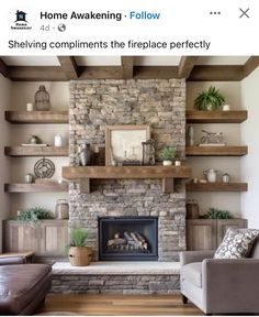 a living room filled with furniture and a fire place in front of a stone fireplace