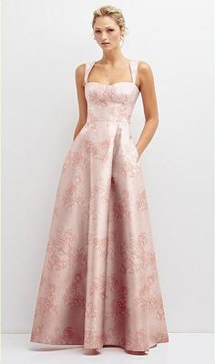 Floral Lace-up Back Bustier Satin Bridesmaid Dress With Full Skirt And Pockets In Bow And Blossom Print | The Dessy Group Satin A-line Maxi Dress With Lined Bodice, A-line Maxi Dress With Lined Bodice For Gala, Elegant A-line Gown With Boned Bodice, Gala Ball Gown With Sweetheart Neckline And Lined Bodice, Square Neck Dress For Gala During Prom Season, Square Neck Dresses For Gala And Prom Season, Sweetheart Neckline Gown With Lined Bodice For Gala, Gala Gown With Sweetheart Neckline And Lined Bodice, Elegant Ball Gown With Sweetheart Neckline And Lined Bodice