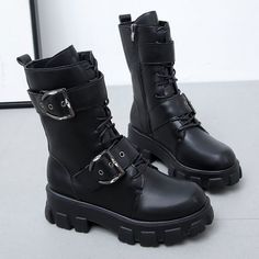 Gothic Punk Platform Boots, High Chunky Platform Boots, Riding Boots, Long Boots, Zipper Boots. PU Leather Boots. Combat Boots, Biker Boots, Punk Boots, Gothic Boots. Black Women's Boots.

Super cool punk, biker style mid calf boots are the perfect boot for everyday wear.
Made from high quality PU leather with round toe, buckle straps, lace up, and side zip up closure, low chunky square heel, and seam detailing, they provide both comfort and support for you during your busy day. 
Strong, sturdy Punk Style Winter Platform Ankle Boots, Grunge Knee-high Boots For Streetwear, Punk Style Ankle Platform Boots For Winter, Knee-high Grunge Boots For Streetwear, Punk Style Platform Ankle Boots For Winter, Edgy Black Knee-high Martin Boots, Grunge Boots With Buckle Closure For Fall, Winter Concert Platform Boots, Edgy Martin Boots With Round Toe For Winter