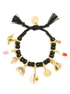 Feel your worries melt away with this one-of-a-kind Happy Pill Bracelet! Get your daily dose of joy with the adjustable black band, plus a mix of colorful, be-jeweled charms that range from pills and mushrooms to a rainbow, smiley, moneybag, and more. Guaranteed to put a smile on your face 😀 6" Adjustable black threadwork Drawstring closure (extendable up to 8") Gold plated brass hardware Enamel charms Pave rhinestone charms Handpainted shell charm Handmade in New York City and Puerto Rico. Due Victorian Tattoo, Arm Party, Happy Pills, Betsey Johnson Jewelry, Money Bag, Cute Bracelets, Enamel Charms, Trendy Jewelry, A Rainbow