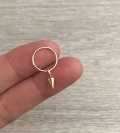 14k Gold Triangle Cone Charm Hoops * 1 piece * 14k Gold * Hoop Size: 12 mm * Charm Size: 3.8x6 mm Wide Gold Ring, Minimalist Bangle, Hammered Gold Ring, Wide Wedding Bands, Hammered Bangles, Gold Triangle, Tiny Hoop Earrings, Cartilage Hoop, Hammered Gold