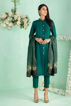 Pakistani Designer Online | Sarosh Salman | Luxury Pret & Wedding Wear Eid Embroidered Slub Silk Sherwani, Embroidered Slub Silk Sherwani For Eid, Traditional Slub Silk Churidar With Dabka Work, Festive Cotton Silk Bandhgala With Resham Embroidery, Cotton Silk Bandhgala With Resham Embroidery, Traditional Embroidered Slub Silk Sherwani, Embroidered Slub Silk Sherwani With Traditional Drape, Designer Embroidered Slub Silk Sherwani, Designer Cotton Silk Bandhgala For Festivals