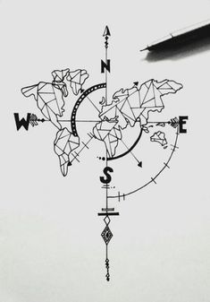 a black and white drawing of a compass with the world on it's side