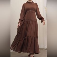 Brand New. Size Large Formal Chiffon Maxi Dress For Fall, Fall Chiffon Dress With Ruffles, Chic Georgette Maxi Dress With Ruffles, Modest Chiffon Maxi Dress For Party, Elegant Fall Chiffon Maxi Dress, Brown Chiffon Party Dress, Elegant Chiffon Dress With Ruffles For Fall, Elegant Fall Chiffon Dress With Ruffles, Elegant Georgette Maxi Dress With Ruffles