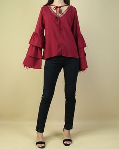 Linen Long Sleeve Top, Flare Sleeve Top, Cotton Tunic Dress, Chiffon Pants, Flared Sleeves Top, Tunic Tops Casual, Casual Tunics, Red T Shirt, Red Pants