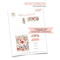 the printable floral journal is shown on top of a white background with pink and red flowers