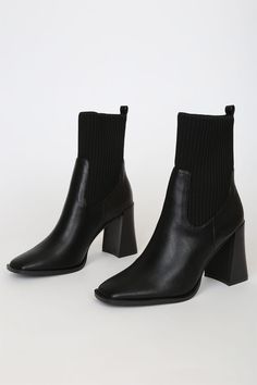 Black Boots - Square Toe Boots - Mid-Calf Boots - Sock Boots - Lulus Casual Knee-high Boots With Square Toe For Winter, Casual Knee-high Boots With Square Toe In Faux Leather, Casual Faux Leather Knee-high Boots With Square Toe, Trendy Mid-calf High Ankle Boots For Work, Casual Winter Boots With Square Toe, Chic Square Toe Chelsea Boots For Winter, Chic Fitted Chelsea Boots With Square Toe, Chic Chelsea Boots Medium Width For Winter, Trendy Mid-calf Square Toe Boots For Fall